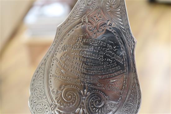 A late Victorian ivory handled silver presentation trowel and mounted ivory mallet, related to the foundation stone laying